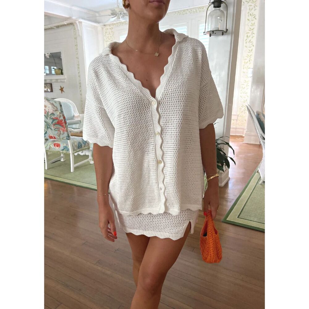 Starfit | Ella 100% Cotton Crochet Button Up Short Sleeve Top White | S/M